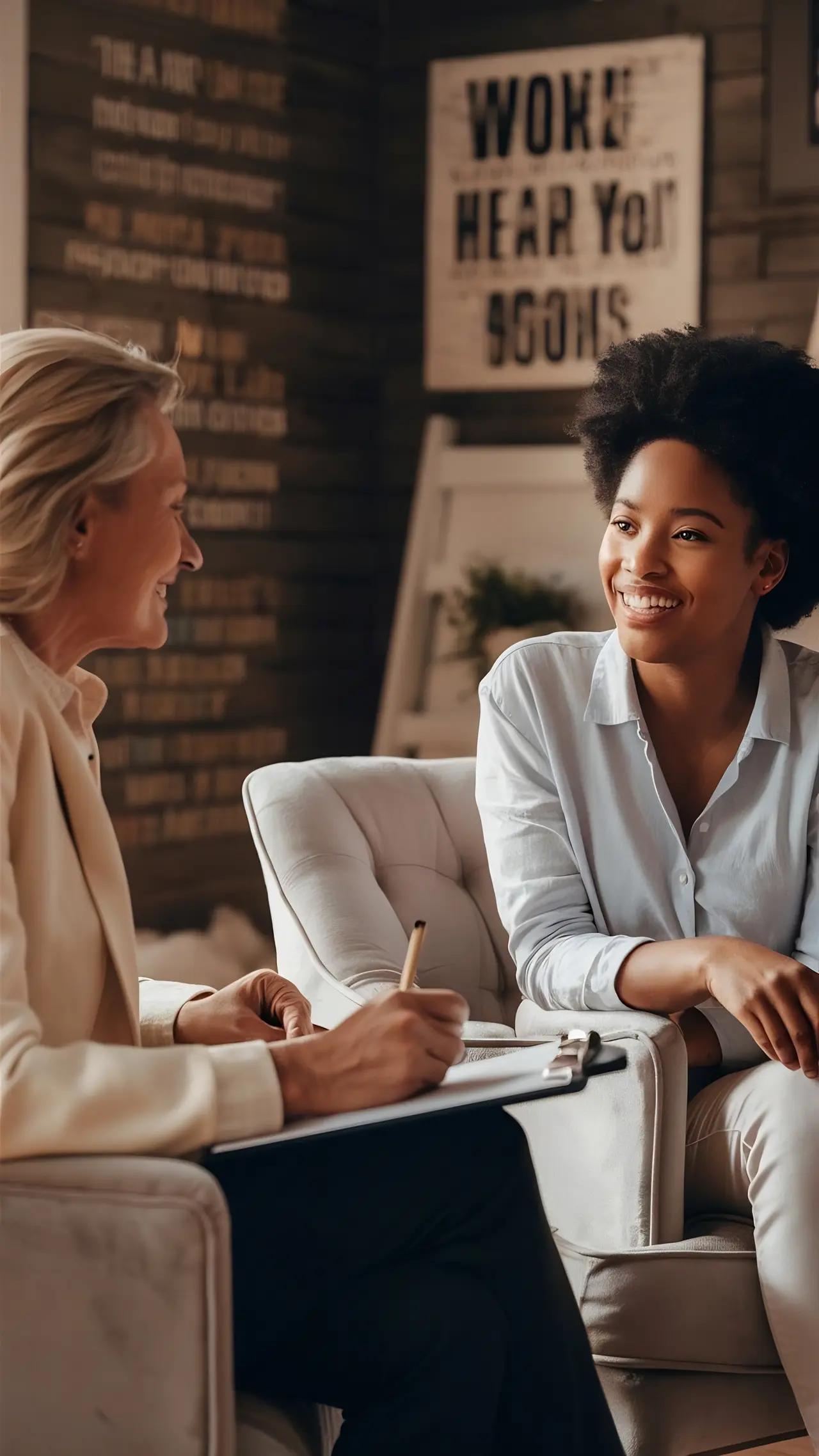Sesión de coaching entre dos personas en un entorno cálido