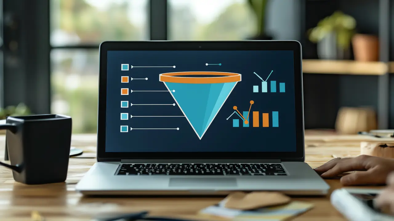 Portátil mostrando analíticas de ventas y un embudo de conversión
