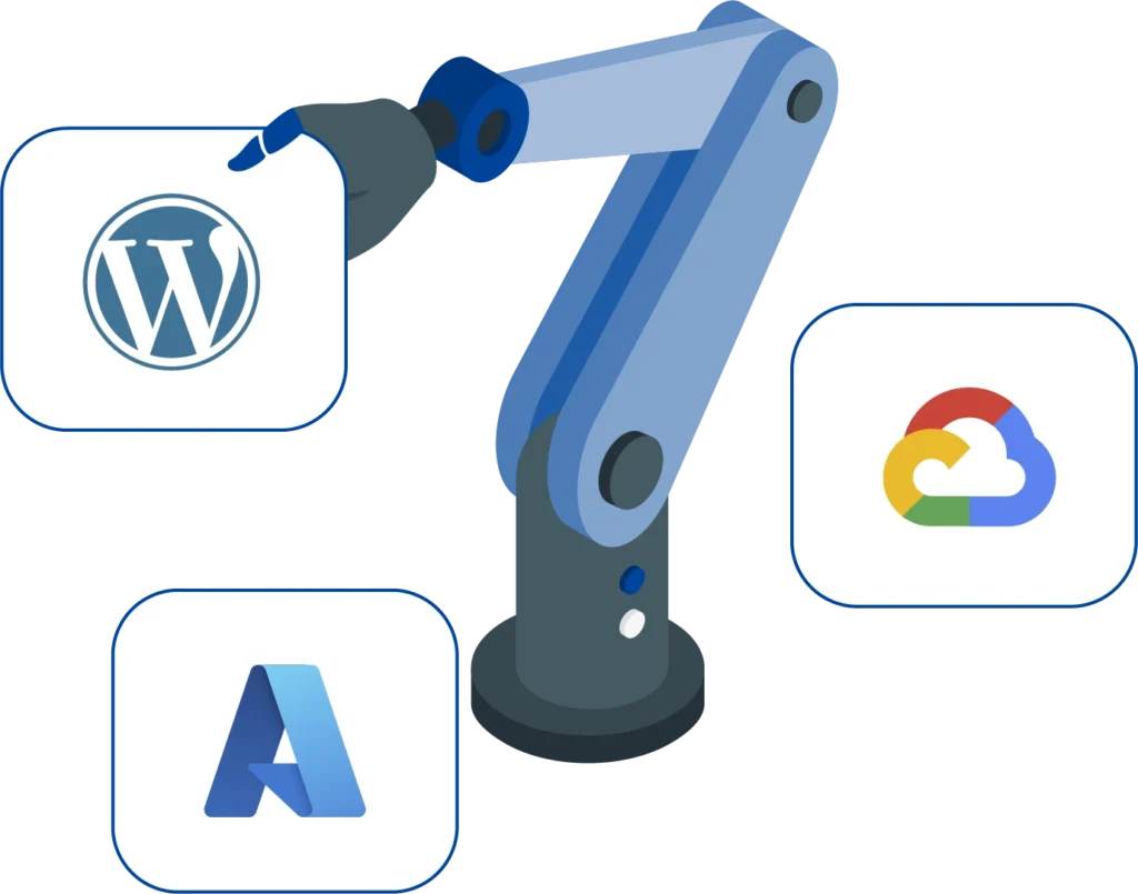 Automatización de procesos Ilustración de un brazo robótico que conecta WordPress, Microsoft Azure y Google Cloud, símbolo de la integración y automatización de aplicaciones