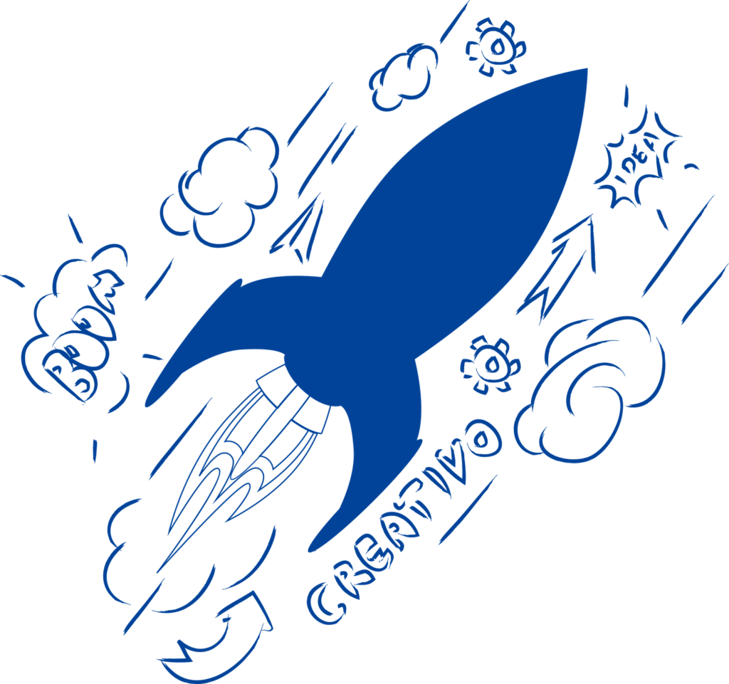 Diseño Web en Barcelona Ilustración de un cohete azul despegando entre nubes, símbolo de la creatividad y las soluciones digitales de Domina Internet en Barcelona.